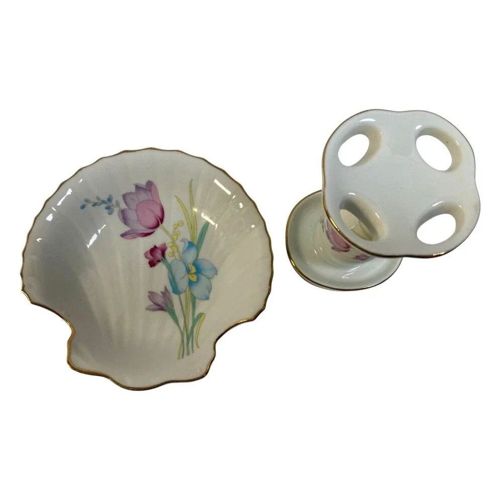 Vintage Floral Soap Dish with Toothbrush Holder Porcelain W Gold Edge Japan
